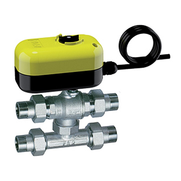 Far 300225 valvola di zona a 3 vie a sfera con tee di by-pass con attacchi M completa di servocomando elettrico 24V Far 300225 valvola di zona a 3 vie a sfera con tee di by-pass con attacchi M completa di servocomando elettrico 24V