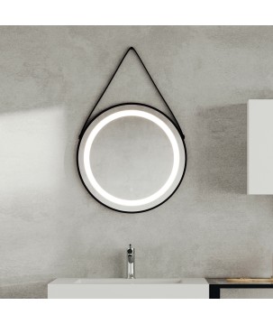 Oceano SPR205 specchio rotondo Ø60 cm con illuminazione frontale e cinghia pelle nera linea PHYSIS