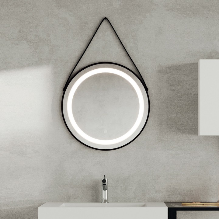 Oceano SPR205 specchio rotondo Ø60 cm con illuminazione frontale e cinghia pelle nera linea PHYSIS