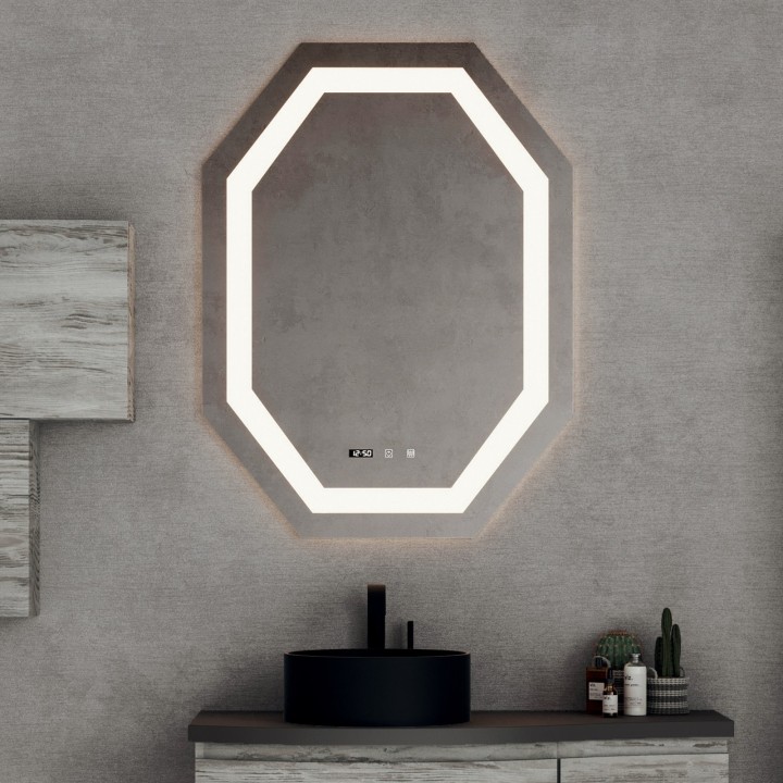 Oceano SPR224 specchio rettangolare 75x100 cm con illuminazione frontale e orologio linea PHYSIS